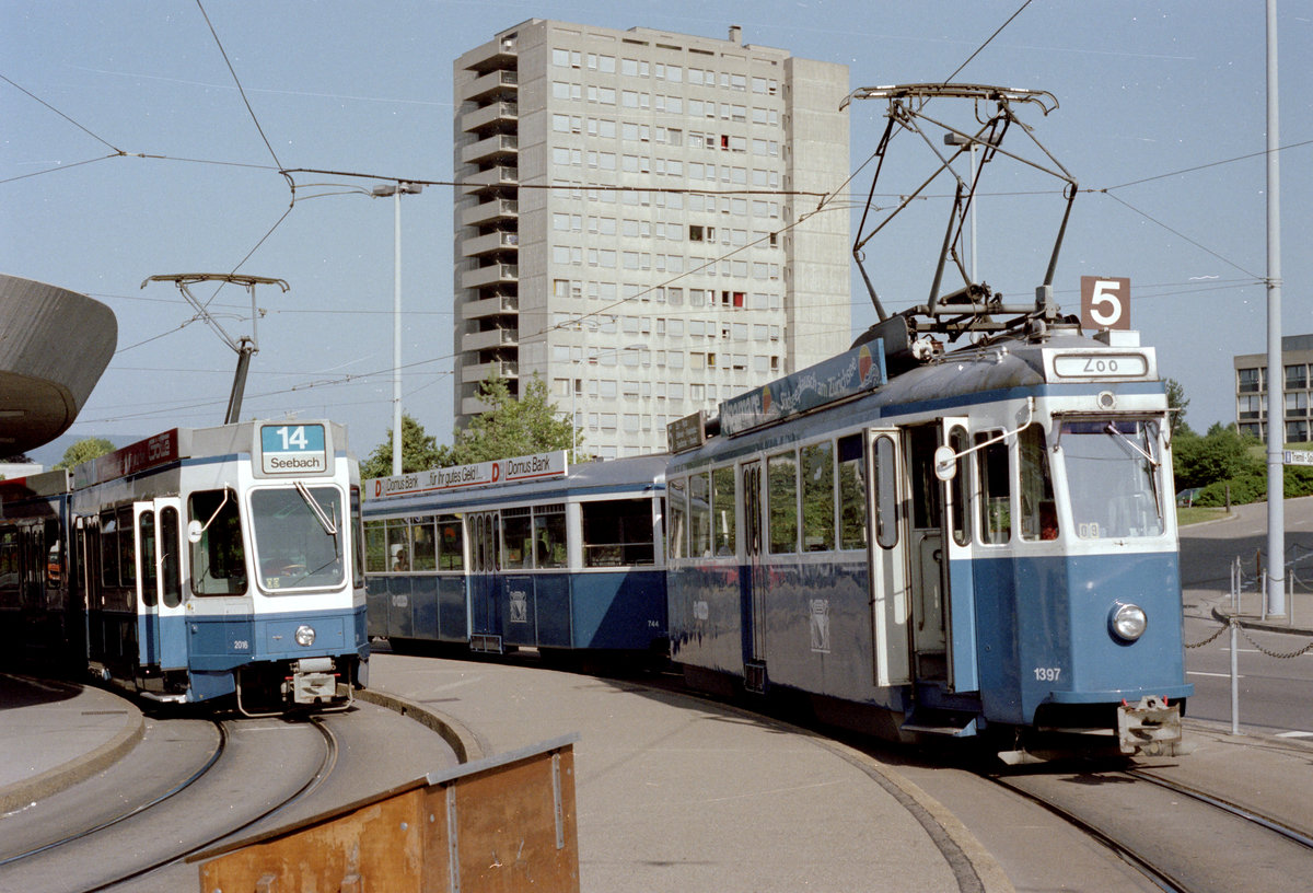 Zürich VBZ Tram 14 (SWS/BBC Be 4/6 2016) / Tram 5 (SWS/MFO Be 4/4 1397 + SIG B 744) Wiedikon, Triemli (Endstation) im Juli 1983. - Scan von einem Farbnegativ. Film: Kodak Safety Film 5035. Kamera: Minolta XG-1. 