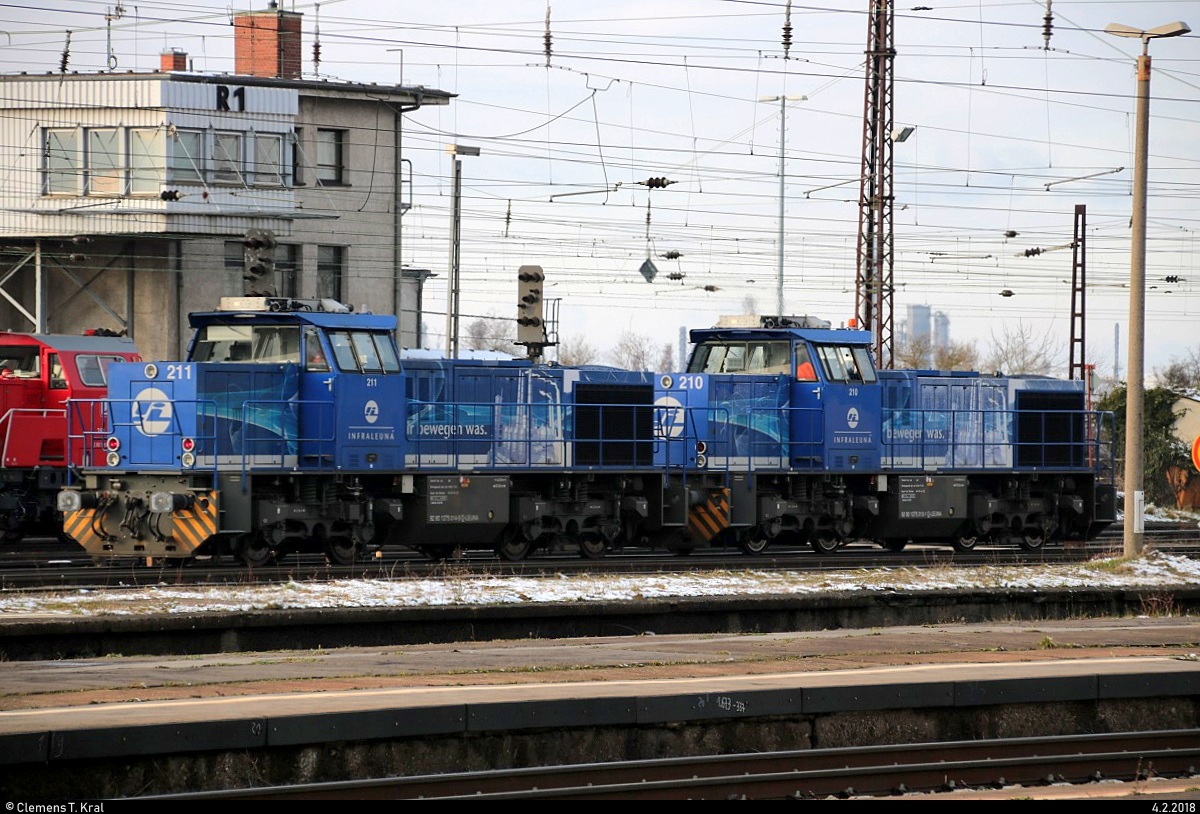 Zwei BR 275 (MaK G 1206), darunter Lok 211 und 210 der Infraleuna GmbH, rangieren im Bahnhof Großkorbetha. [4.2.2018 | 15:06 Uhr]