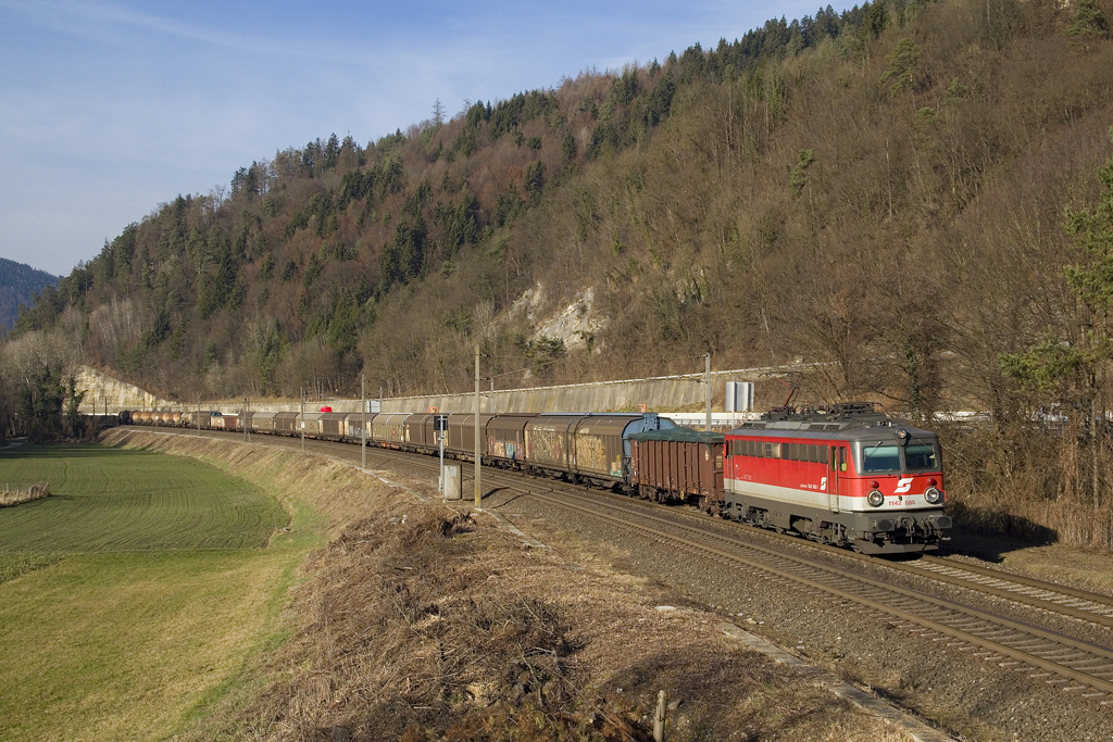 Zwischen dem Nikolaustag sowie Maria Empfängnis war am 7. Dezember 2016 reges Frachtaufkommen auf der Südbahn zu verzeichnen. So war unter anderem die 1142 685 mit einem gemischten Güterzug, der eine beachtliche Länge aufwies, zügig in Richtung Graz unterwegs und konnte bei Peggau festgehalten werden. 