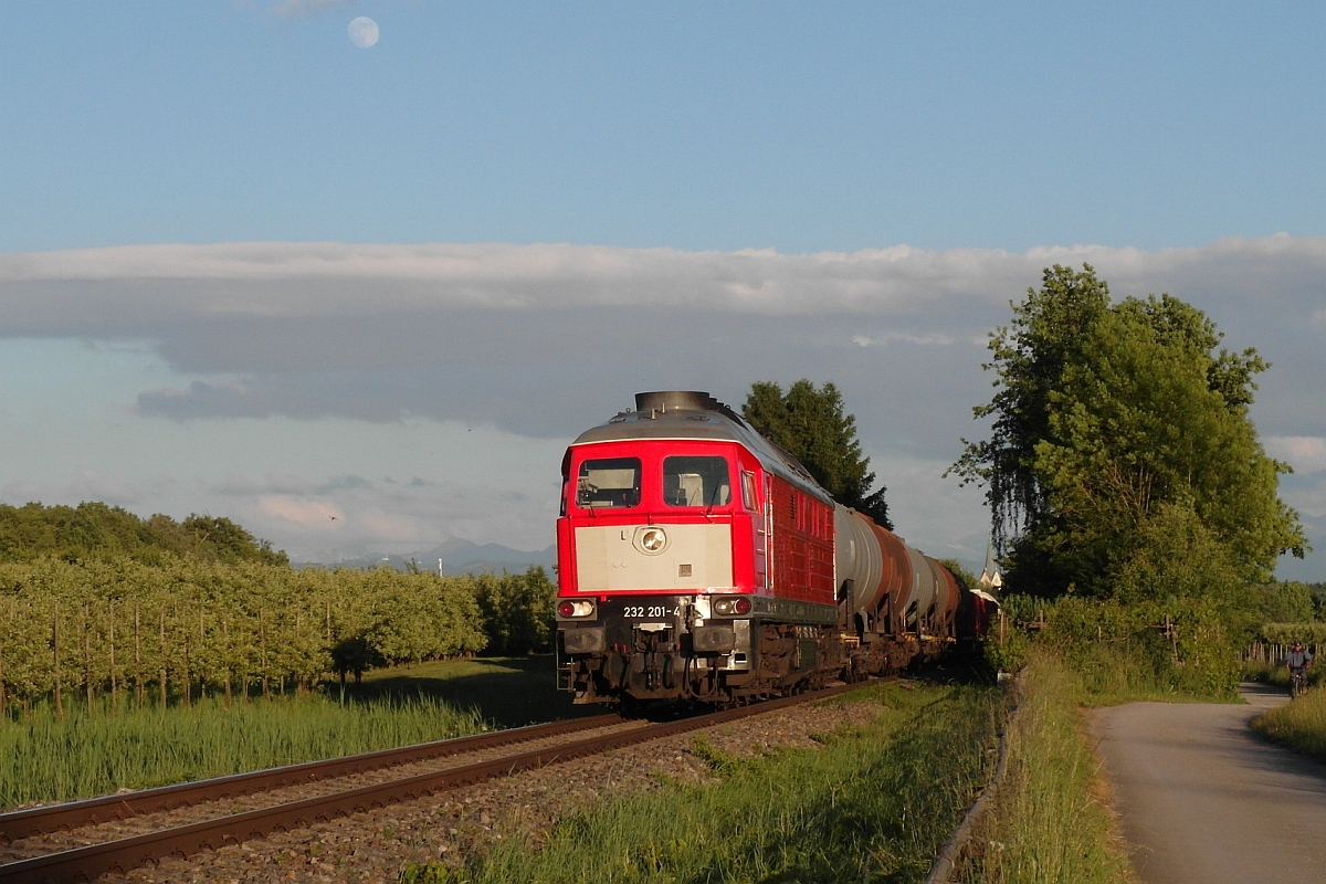 Zwischen Eriskirch und Friedrichshafen zieht 232 201-4 einen in Lindau-Reutin bernommenen gemischten Gterzug Richtung Ulm (07.06.2017).