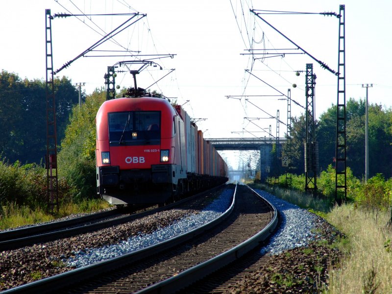 1116 023 mit Containerzug kurz vor Plattling.