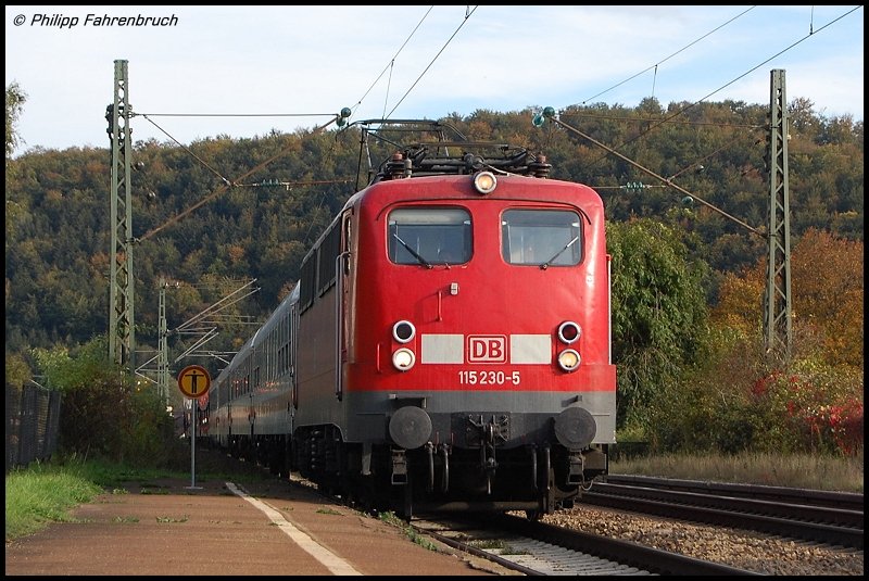 115 230-0 am 29.09.07 mit PbZ 77654, aufgenommen bei der Durchfahrt des Hp Urspring in Richtung Stuttgart.