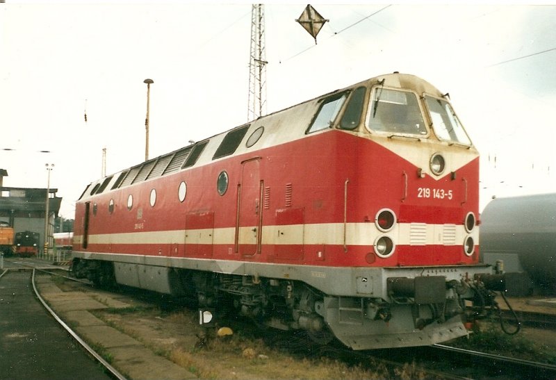 219 143 in ihrem Heimatbw Schwerin im Juli 1998.Der gesamte Bestand an 219 wechselte nach der Schlieung des Bw Schwerin nach Rostock.