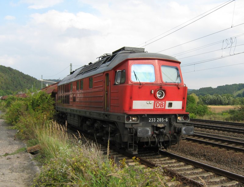 233 285-6 beim rangieren mit Kaliwagen im ehemaligen Bahnhof Wartha/Eisenach. Aufgenommen am 26.08.2009.