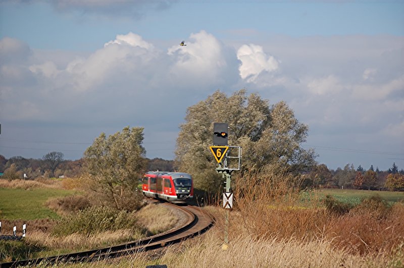 28.10.2008 ist der RE8 nach Tessin unterwegs, rechts das Einfahrvorsignal vom Bahnhof Sanitz.