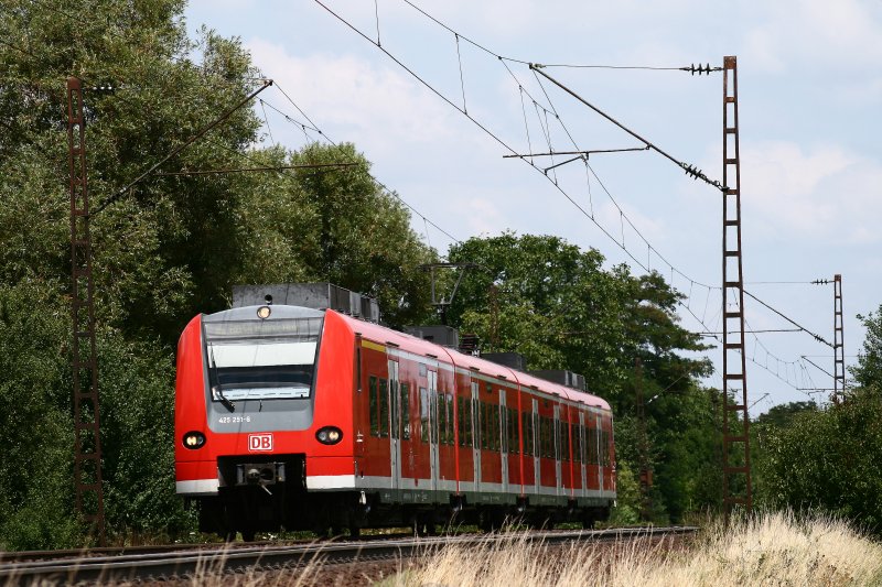 Am sonnigen 23.07.08 fhrt 425 261 als RB 44 von Bensheim ber Mannheim nach Mainz. Die Aufnahme entstand zwischen den Bahnhfen von Ladenburg und Mannheim-Friedrichsfeld, Nahe der Gemeinde Neckarhausen. 