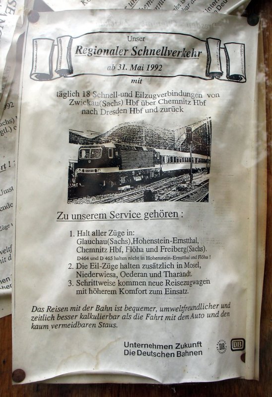 Angebote des  Unternehmen Zukunft - Die Deutschen Bahnen   Unser Regionaler Schnellverkehr ab 31. Mai 1992  - Aufnahme vom 19.09.2007, Aushang am Bahnhof Blauenthal (ex DR KBS 440)
