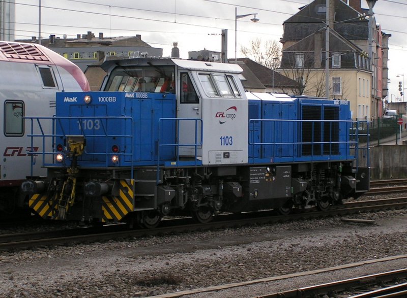 CFL-Cargo 1103 at shunting locomotive at Luxembourg station. 20:01:08 (automatically