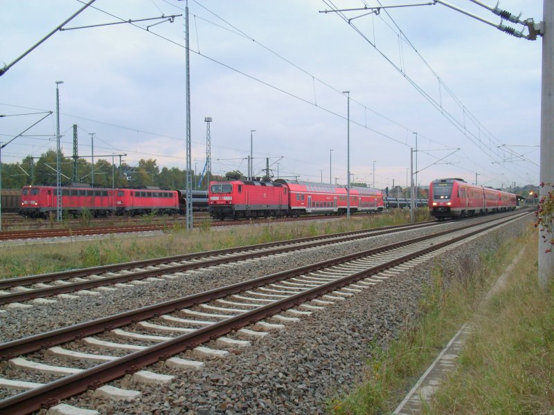 "High-operation" in the station Freiberg, a "Franken-Sachsen-Express" just the station