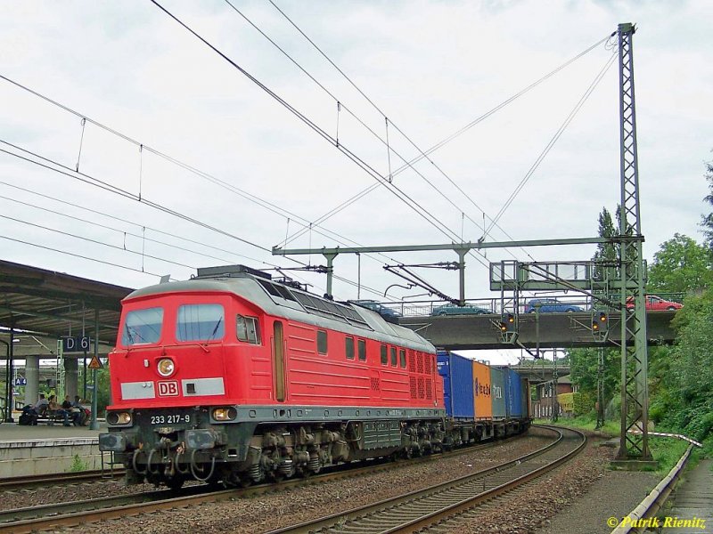 233 217 am 27.08.2009 mit Containerzug in Hamburg-Harburg auf dem
