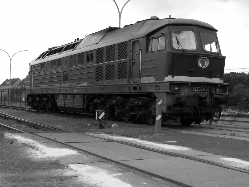 242 001 im Stralsunder Stadthafen abgestellt am 30.05.06 