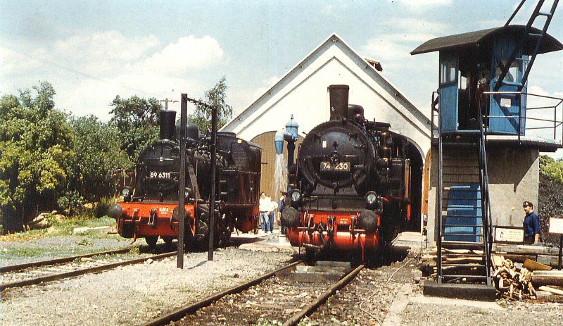 BR 74 und BR 89 vor dem Lokschuppen in Erfurt-West, um 1985 auf ORWO-Farbfilm