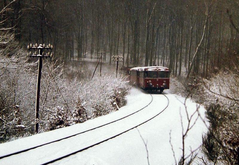 Bei Wilhelmdorf rollt ein VT998 durch den winterlichen Taunus nach