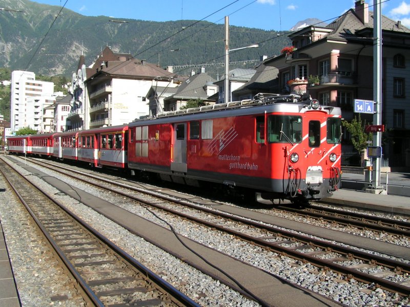 Railcar of the MGB is ready for departure at Brig