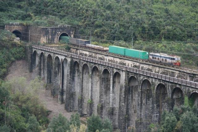 An E656 with a freight train crossing the viaduct at