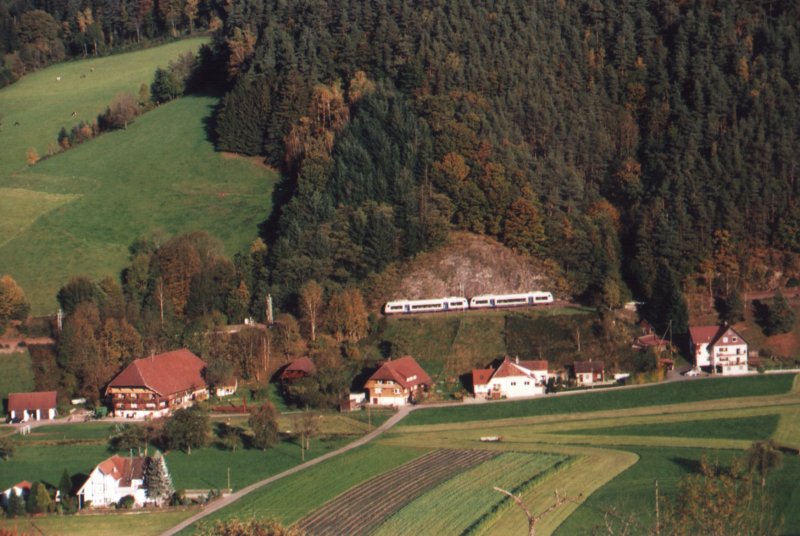 Das Regioshuttle RS1 der  Ortenau-S-Bahn auf der Schwarzwaldbahn II : Zwischen Hausach und Hornberg im Gutachtal, bei Streckenkilometer 39,7
