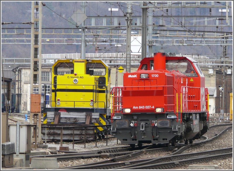 Die Am 843 027-4 der Infrastruktur trifft Bm 847 853-9 Lok Goldau der Gleisbaufirma Vanoli in Olten. (18.03.2008)