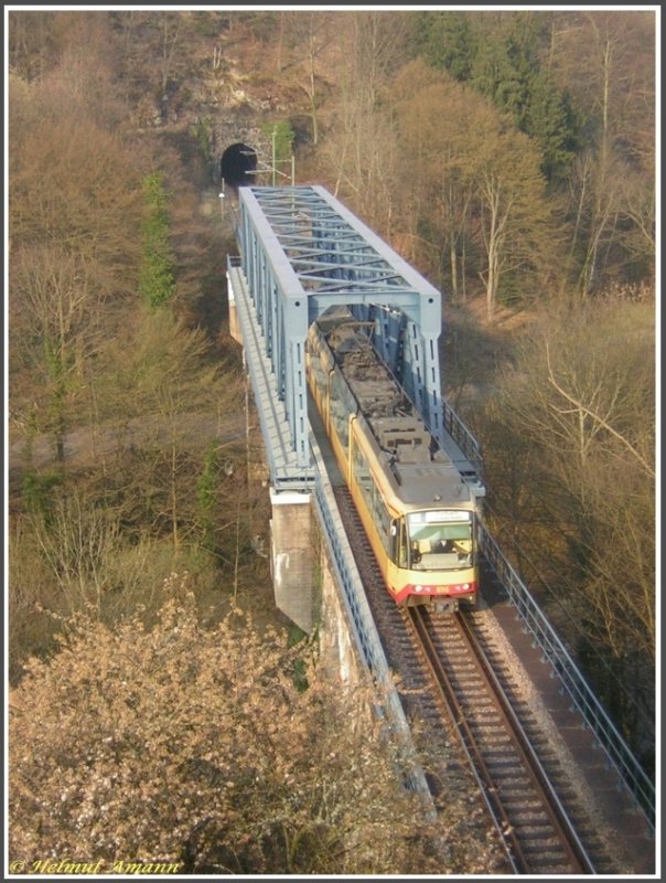 Die Triebwagen 896 und 839 berquerten auf der S31 nach Forbach am 16.03.2007 kurz vor Langenbrand die Brcke ber die Murg.