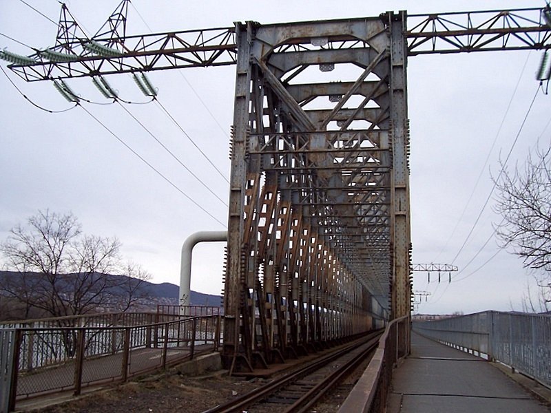 Donaubrcke zwischen den Stationen Budapest-Ujpest und Budapest-Aquincum fels, ber die Brcke fhrt die Strecke Budapest - Eszergom im Norden von Budapest, aufgenommen am 19.01.2007. ber die Brcke fahren hauptschlich die Desiros nach Eszergom. Die Brcke wird auf beiden Seiten auch als  Hochspannungsmasten  verwendet, eine Fernwrmeleitung fhrt auch darber. Auf der rechten Seite darf die Brcke von Fugngern und Radfahrern benutzt werden.