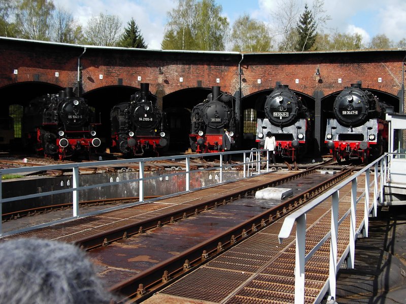 Eisenbahnmuseum Schwarzenberg/Erzgeb. Lokschuppen
von limls nach rechts: BR 86, BR 94, BR 75 und 2mal BR 58
01.05.2008