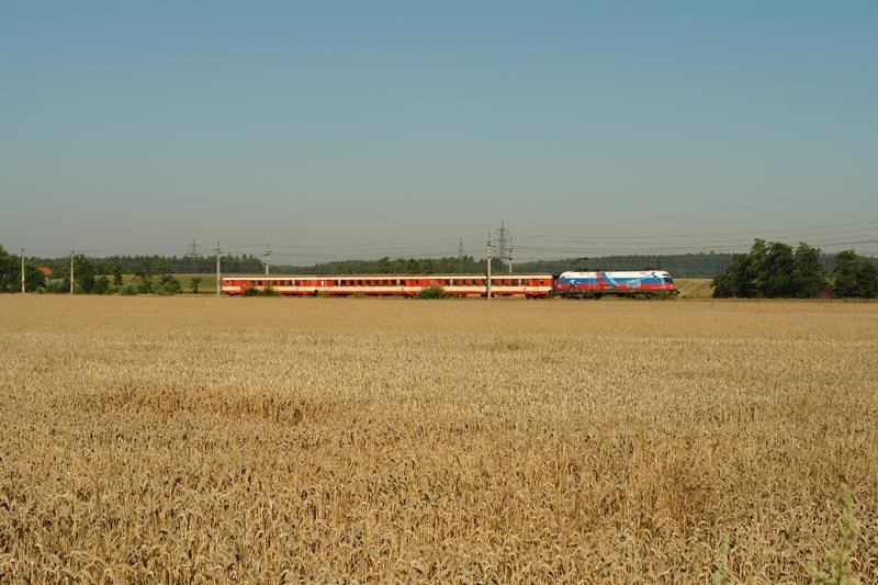 EM-Lok Russland 1116 084-3 passiert mit R3009 Attnang-Puchheim - Linz die Getreidefelder bei Lambach (28.07.2008)