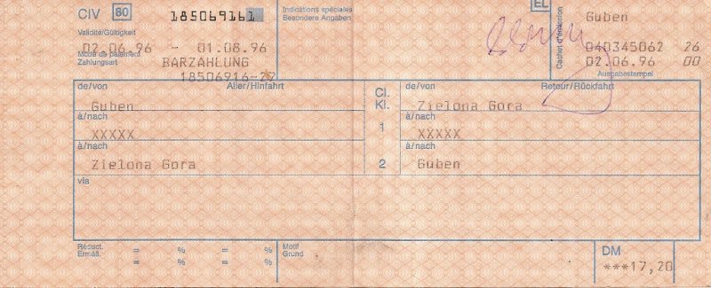 Internationaler Fahrschein f�r die Strecke Guben - Zielona Gora aus