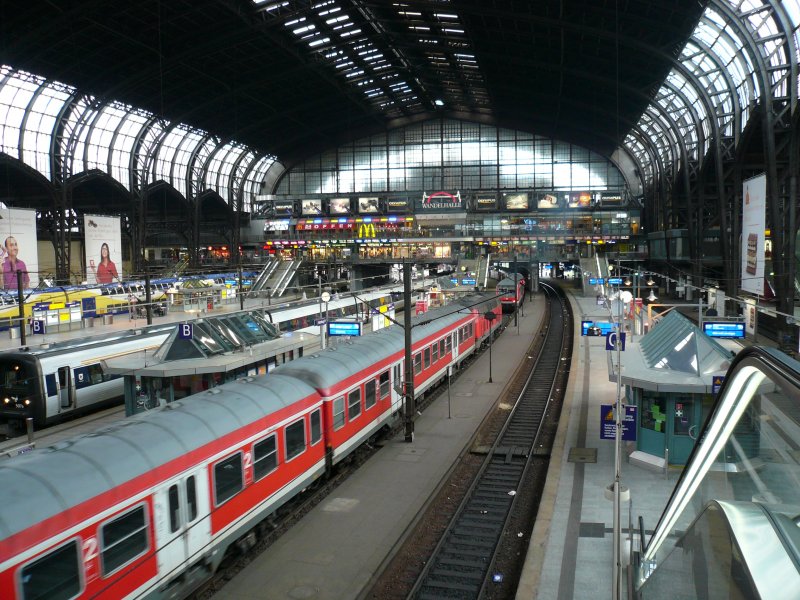 Die Bahnhofshalle von Hamburg Hbf mit einem d�nischen EC, einem