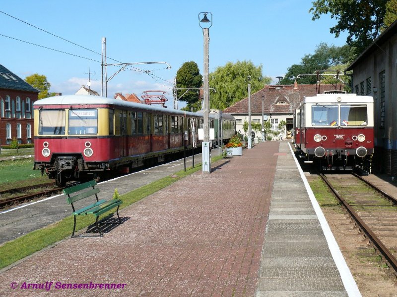 Im Bahnhof Buckow: Rechts steht der stets bei der Buckower-Kleinbahn heimische Reko-Zug 279 005 + 279 006  und links steht der von der Berliner S-Bahn stammende Viertelzug 477 601 + 877 601.
27.09.2008
