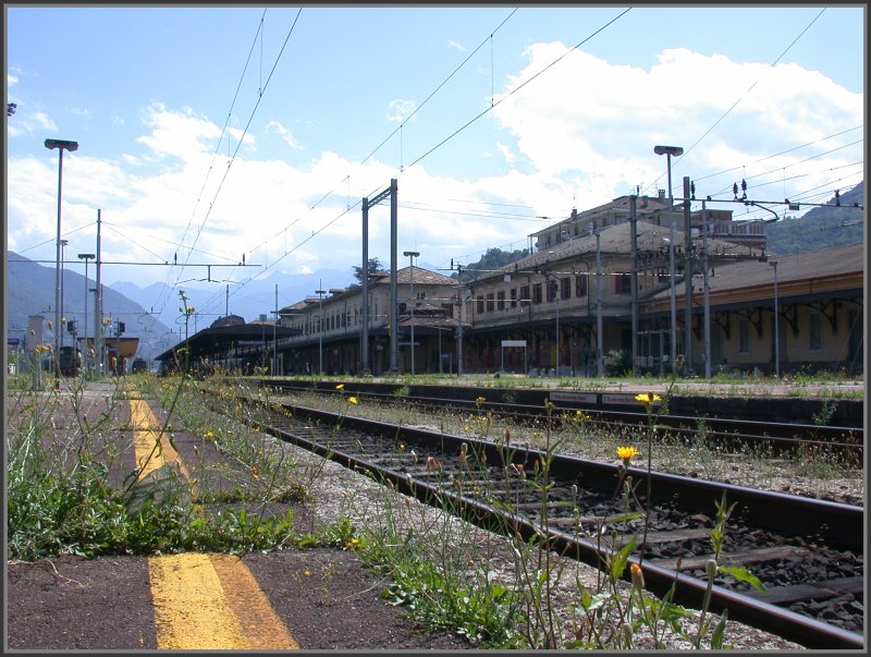 Im Gegensatz zum Bahnhofplatz wird die Gleisseite vom Bahnhof Domodossola langsam von der Natur zurckerobert. (23.06.2007)