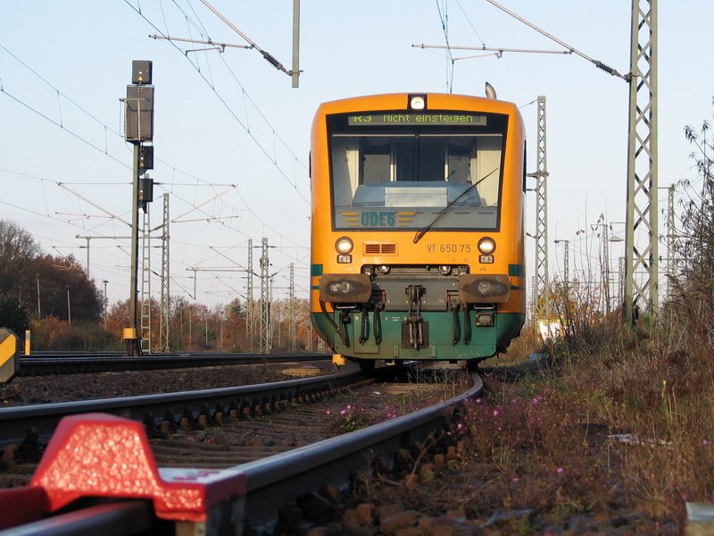 In Ludwigslust wartet die ODEG mit dem VT 650.75 auf dem Abstellgleis auf die nchste Fahrt. 13.11.2008