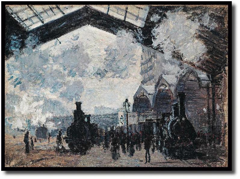 La gare St-Lazare (National Gallery, London)- Die Blickrichtung ist vom Kopfende des Bahnhofs aus gesehen, entlang der Gleise auf die Brcke Pont de l'Europe. Zu Beginn des Jahres 1877 schuf Monet in einem Ausbruch von Schaffenskraft zwlf Bilder des Bahnhofs St-Lazare in Paris, der zu dieser Zeit Hauptausgangspunkt fr die Zge in die Normandie war. Man geht davon aus, da die Bilder vor Ort ausgefhrt wurden.