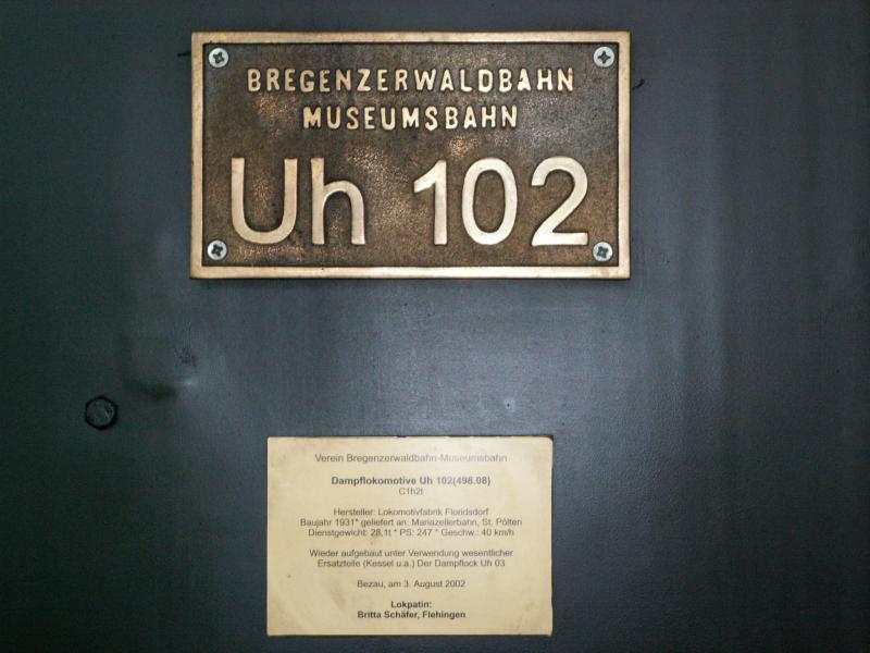 Lokschild der Uh 102 (Floridsdorfer Lokfabrik 1931)Bezau 28.07.05
