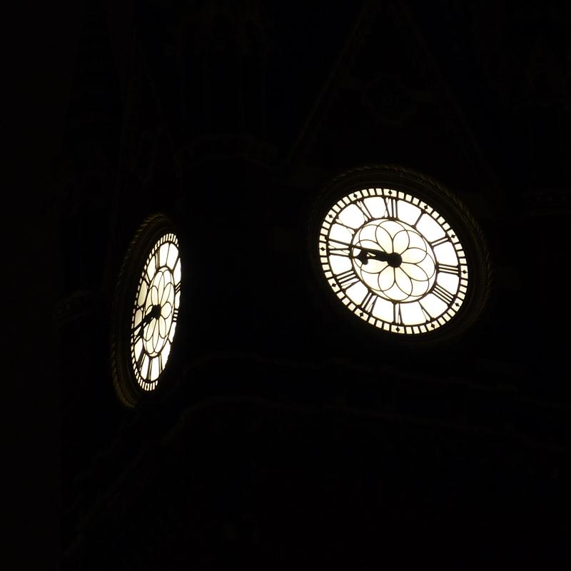 Evening, three-quarter-nine in Camden. The illuminated clock tower is all