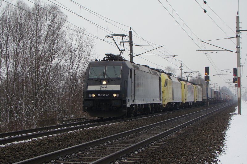 Schwarze MRCE 185 565-9 mit drei Dispolok Eurosprinter unterst�tzt bespannt