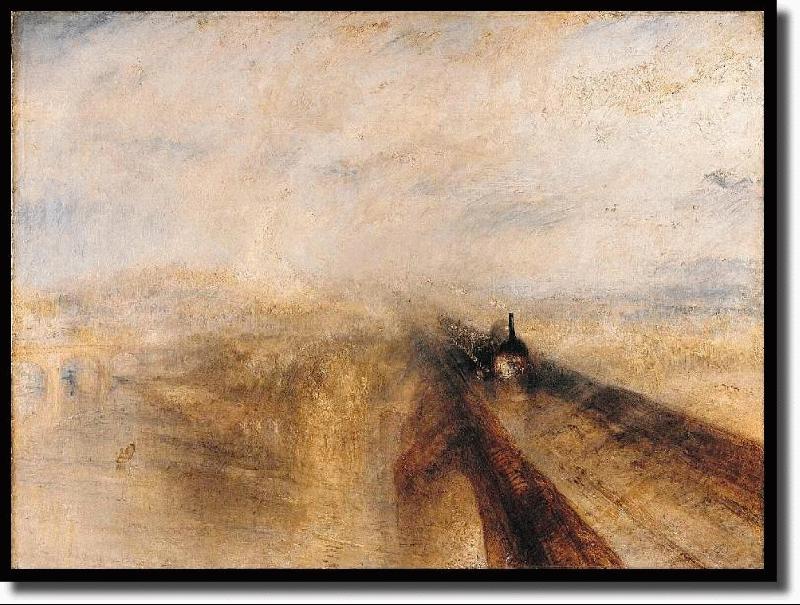 Rain, Steam, and Speed - The Great Western Railway: Das Gemlde stammt aus der Zeit von vor 1844. Es zeigt eine Brcke, die von dem berhmten Ingenieur Isambard Kingdom Brunel entworfen und 1839 vollended wurde. Sie berspannt die Themse zwischen Taplow und Maidenhead. Die Blickrichtung ist nach Osten/London gerichtet. Man sieht wie vor dem Zug ein Feldhase flchtet; rechts pflgt ein Bauer, und links unten befahren Leute auf einem Boot den Flu. Von einem Zeitgenossen des Malers soll die Bemerkung stammen, da sich die Geschwindigkeit im Titel des Bildes eher auf den Hasen als den Zug bezge.
 
 