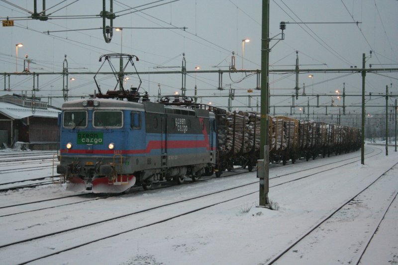 Im Schneefall breitstehender Holzzug mit GreenCargo Rc2 1117 am 20.12.2008