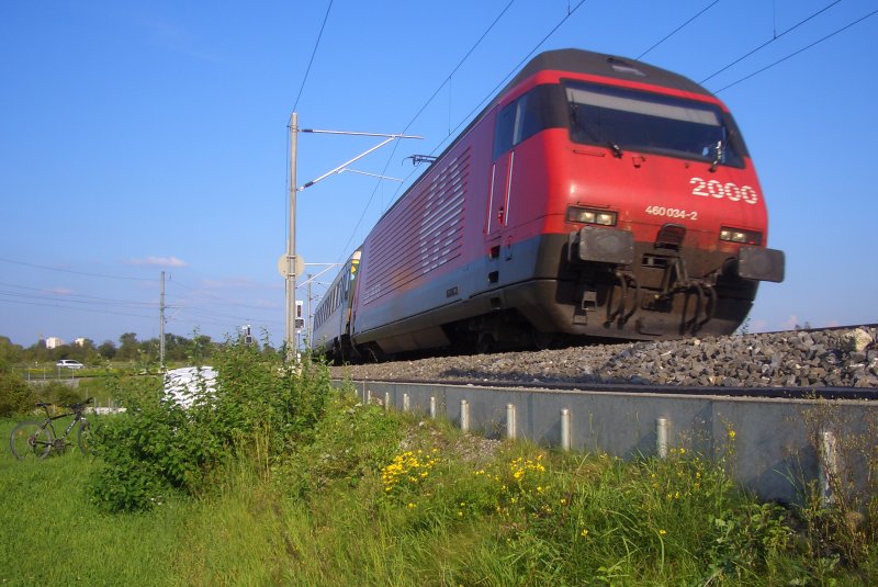 Re 460 034-2  Aare  erklimmt mit ihrem IR 2138 den Bahndamm in Richtung Tgerwilen Dorf.
06.08.09.