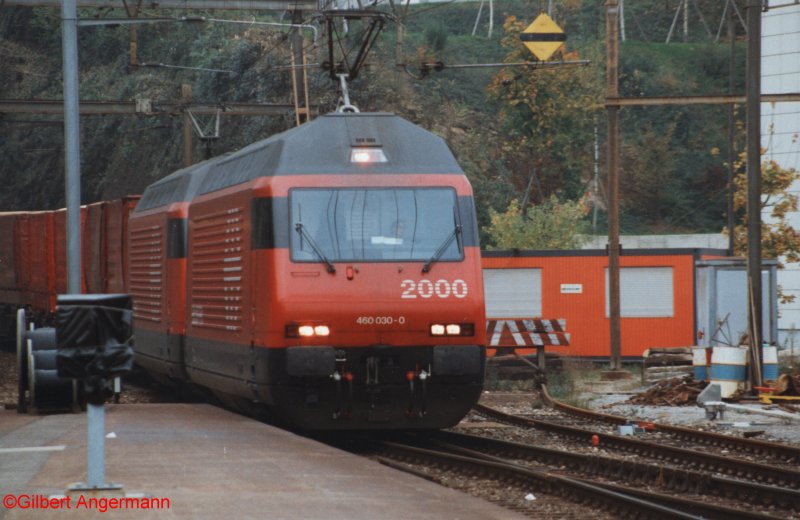 Re 4/4 460 030-0 am 30.10.1993 vor G�terzug bei der