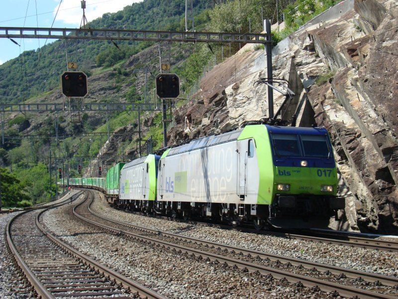 Zwei Re 485 ziehen am 16.6.2007 einen Hangartner-Zug bei Lalden