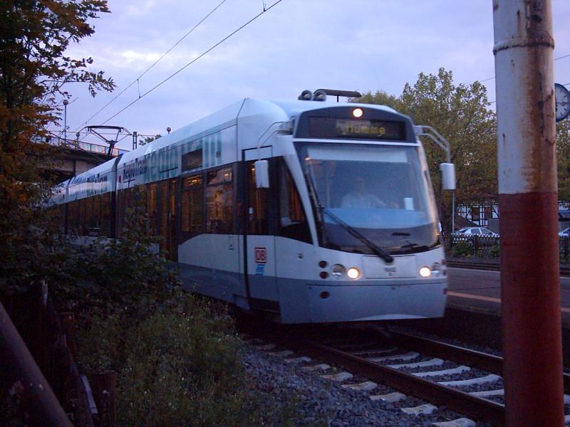 Regiotram at platform 1 at the entrance to the station