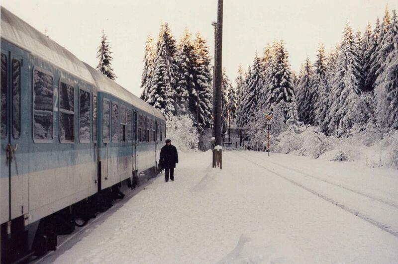 Passenger train from Themar waiting in a beautiful winter landscape