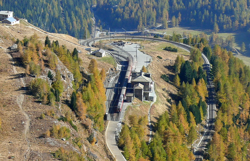 RhB - Regionalzug 1656 von Tirano nach St. Moritz am 12.10.2008 in Alp Grm mit Triebwagen ABe 4/4 II 48 + ABe 4/4 II 45 - BD - A - B - B - B - B - B. Blick auf Bahnhofsgelnde im Steilhang. Ganz vorne ist ein Teil der Galerie Grm zu sehen. Nach der gut sichtbaren 180-Grad Ausfahrkurve fhrt die Bahnlinie in 70-Promille-Geflle rechts sichtbar hinab Richtung Cavaglia-Poschiavo-Tirano 
