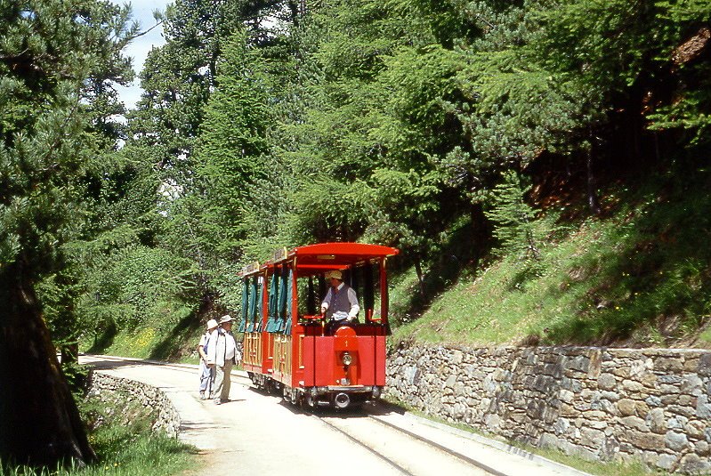 RiT - Tramzug von Riffelalp nach Riffelalp Resort am 29.06.2007 zwischen Riffelalp und Riffelalp Resort mit Ba 2/2 1 + Ba 2/2 2. Hinweis: Hchstgelegene Trambahn Europas in 2222m Hhe
