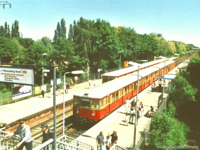 Traditionszug der Berliner S-Bahn im Bahnhof Biesdorf. Im Hintergrund f�hrt