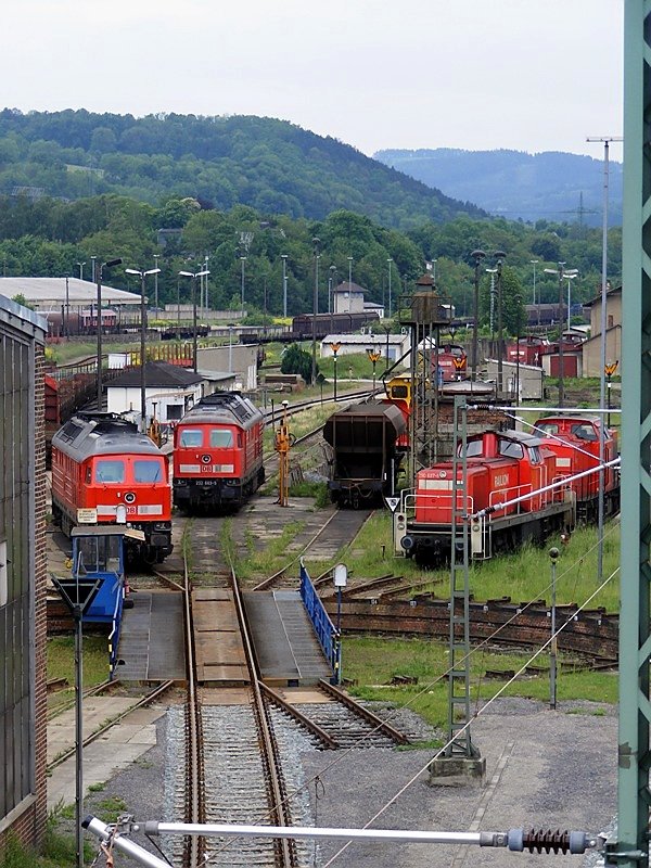Der bekannte Blick auf das Bw Saalfeld am 13.5.2009. Zusehen