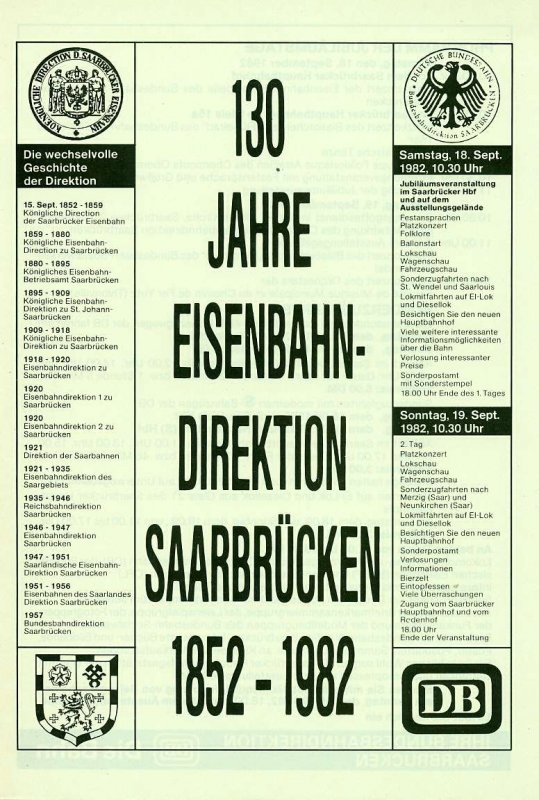 Programmblatt zur 130 Jahrfeier der BD Saarbr�cken 1982. 