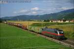 1x16-werbeloks 1016.035 'Railjet Versuchsvariante grau/rot' mit DG 54565 auf der Fahrt nach Villach, nahe St. Magarethen b. Knittelfeld, 19.07.2010