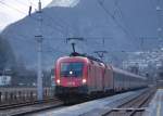 arlbergbahn OEC 567 Bregenz-Wien Westbahnhof wird von 1116 120-5 und einer Schwester durch Sch�nwies zum n�chsten Halt Imst-Pitztal gezogen. 4.1.2010
