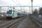 E-Lok 2843 von COBRA mit Güterwagen nach Zeebrugge durch den Bhf Brugge am 29. Januar 2014.