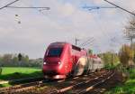 Der Thalys 4332 am 14.4.2014 unterwegs nach Aachen, hier auf der KBS 485 beim Bü Km 21.631 Rimburg.